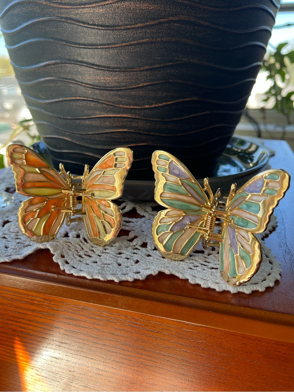 Gold Butterfly Hair Clips in Orange and Pastel Multicolor